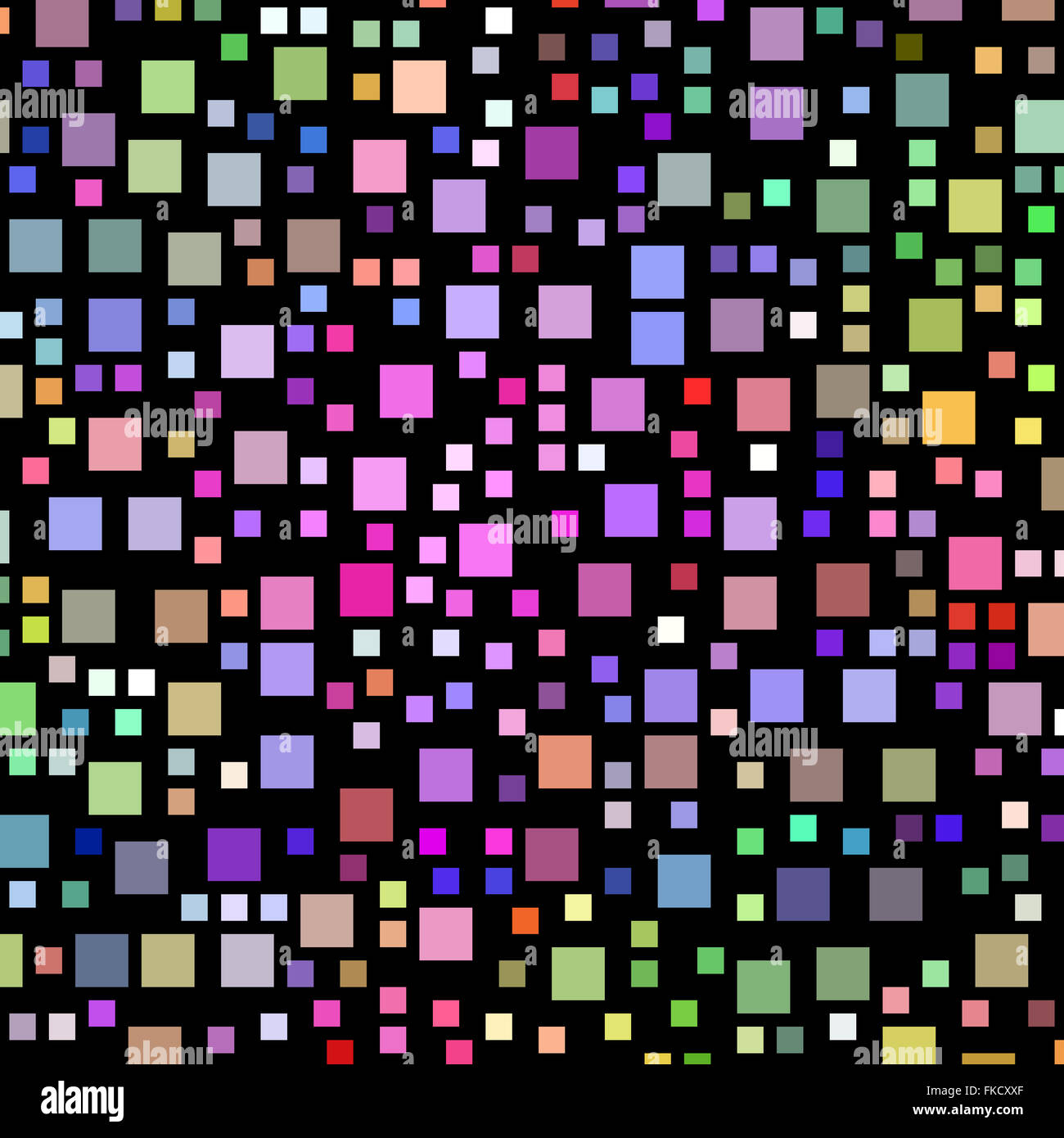 Lots of small colourful square shapes on a black background. Stock Photo