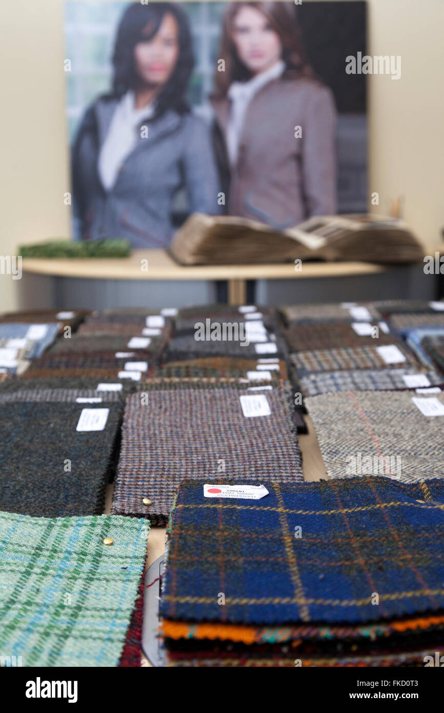 Harris tweed samples at Shawbost Mill, Isle of Lewis. September 2015 Stock Photo