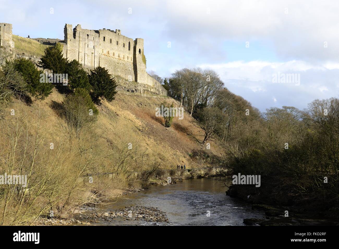 Richmond Castle wall overlooking the river Swale. Stock Photo
