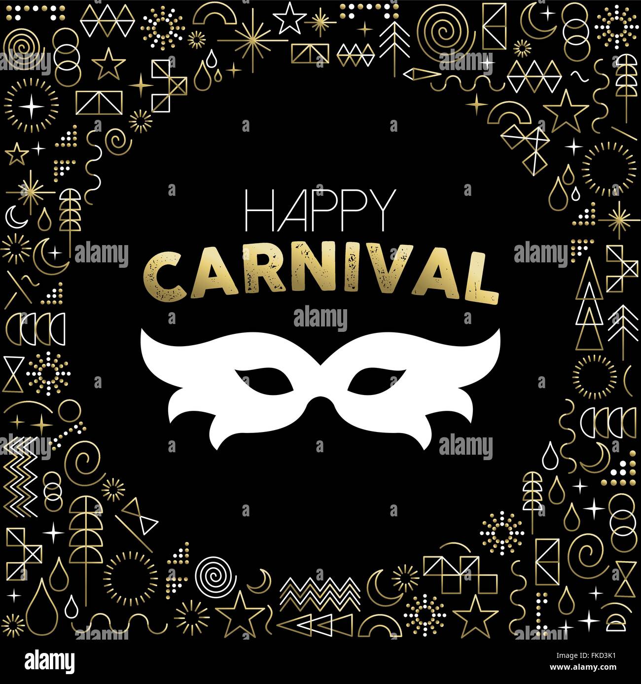 Gold line art background with hipster geometry icons, happy carnival text label and mask silhouette. EPS10 vector. Stock Vector