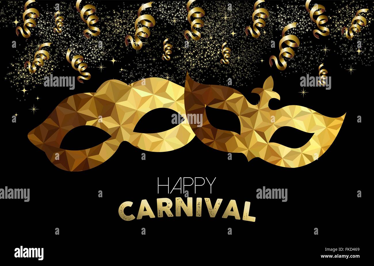 Golden carnival design. Low poly masks with text, gold party streamers and confetti. EPS10 vector. Stock Vector