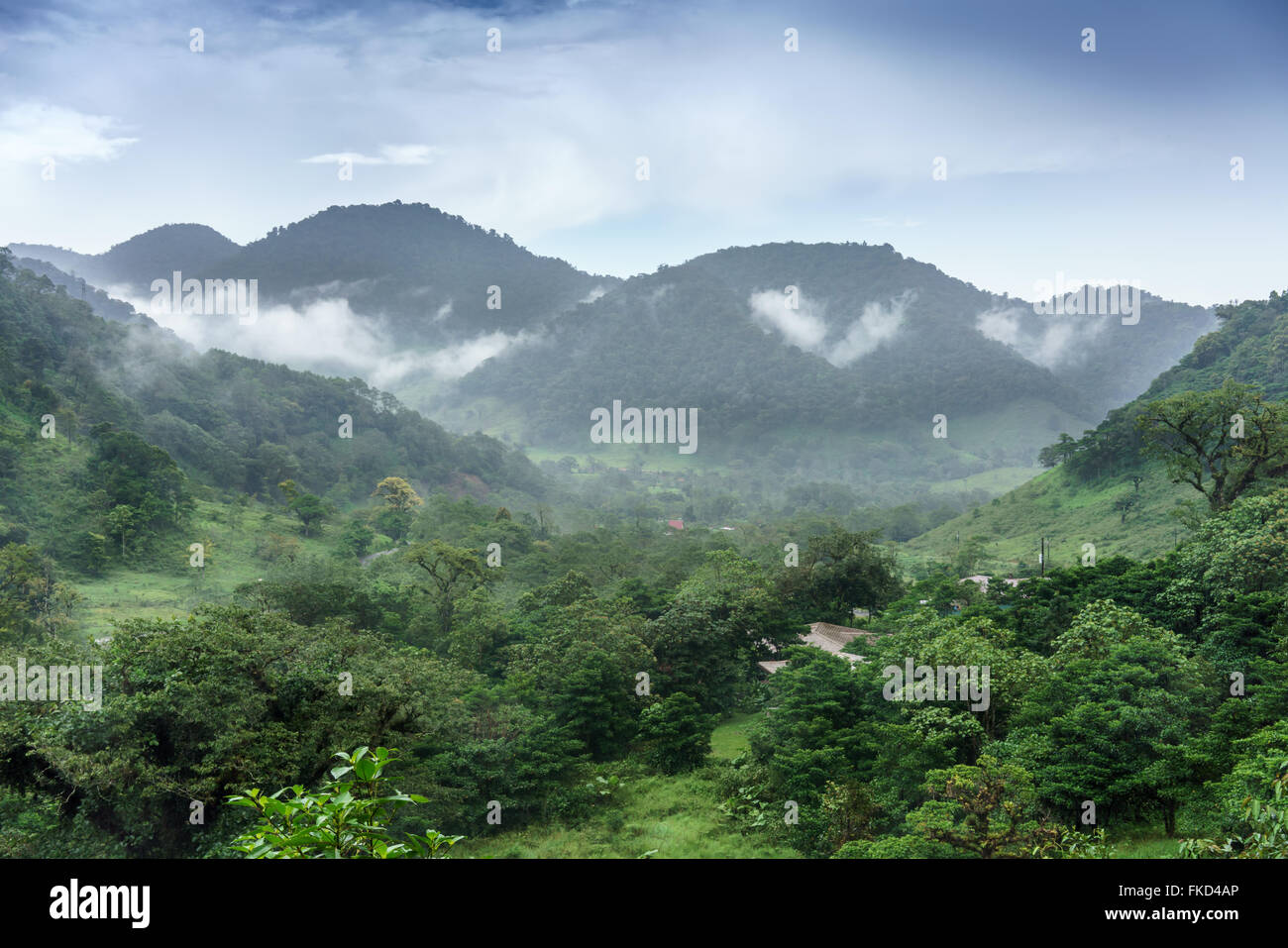 Scenic view of mountains in foggy weather, Costa Rica Stock Photo
