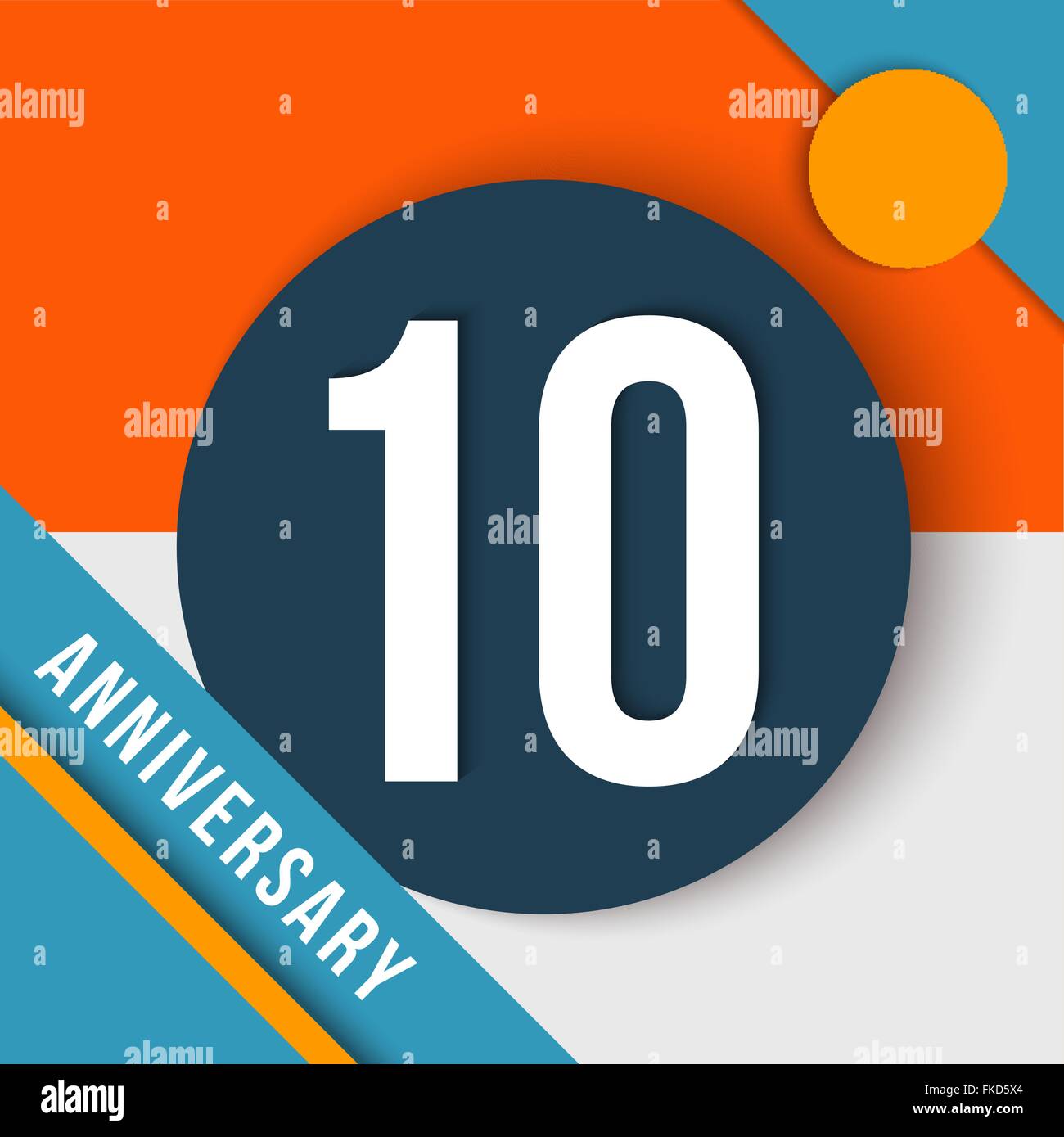10 ten year anniversary modern concept with number, text label and abstract shapes in material design style. EPS10 vector. Stock Vector