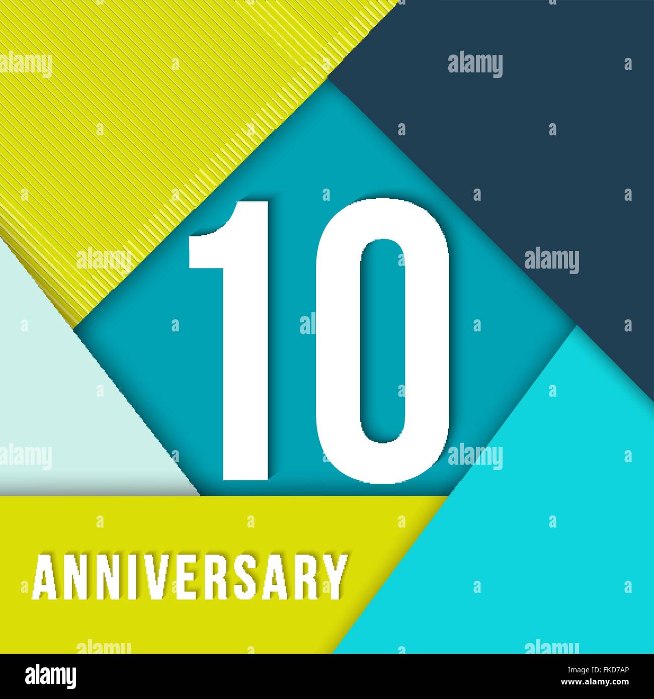10 ten year anniversary colorful template with number, text label and geometry shapes in flat material design style. Stock Vector