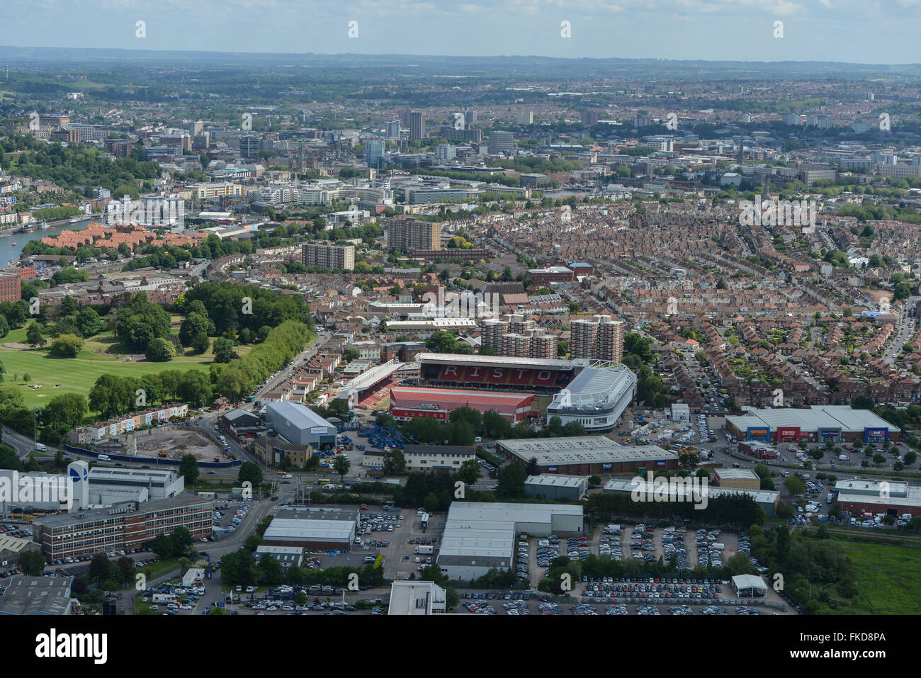 An aerial view of Bristol looking towards Ashton Gate with the city centre visible in the distance Stock Photo