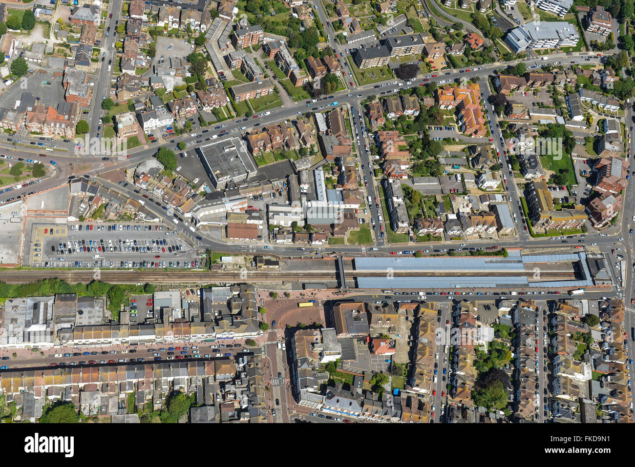 An aerial view of the railway station and surroundings of Bexhill on Sea, East Sussex Stock Photo