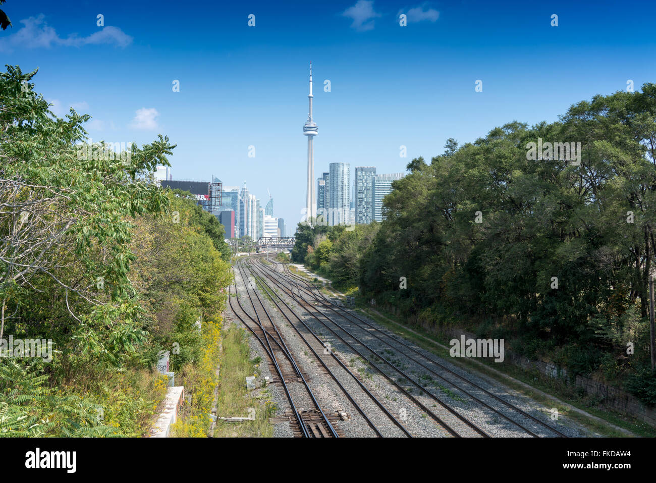 View of CN Tower from railroad tracks, Toronto, Canada Stock Photo
