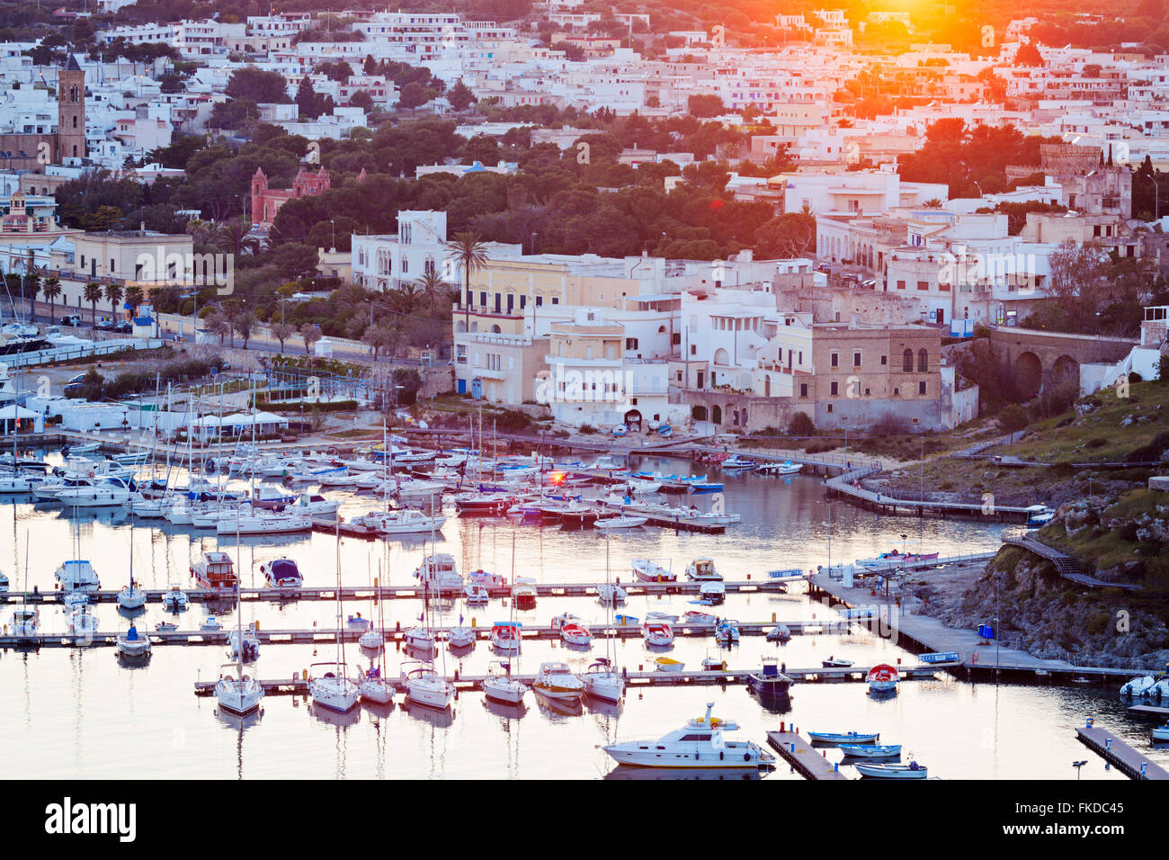 Townscape of Santa Maria di Leuca with moored yachts in foreground Stock Photo