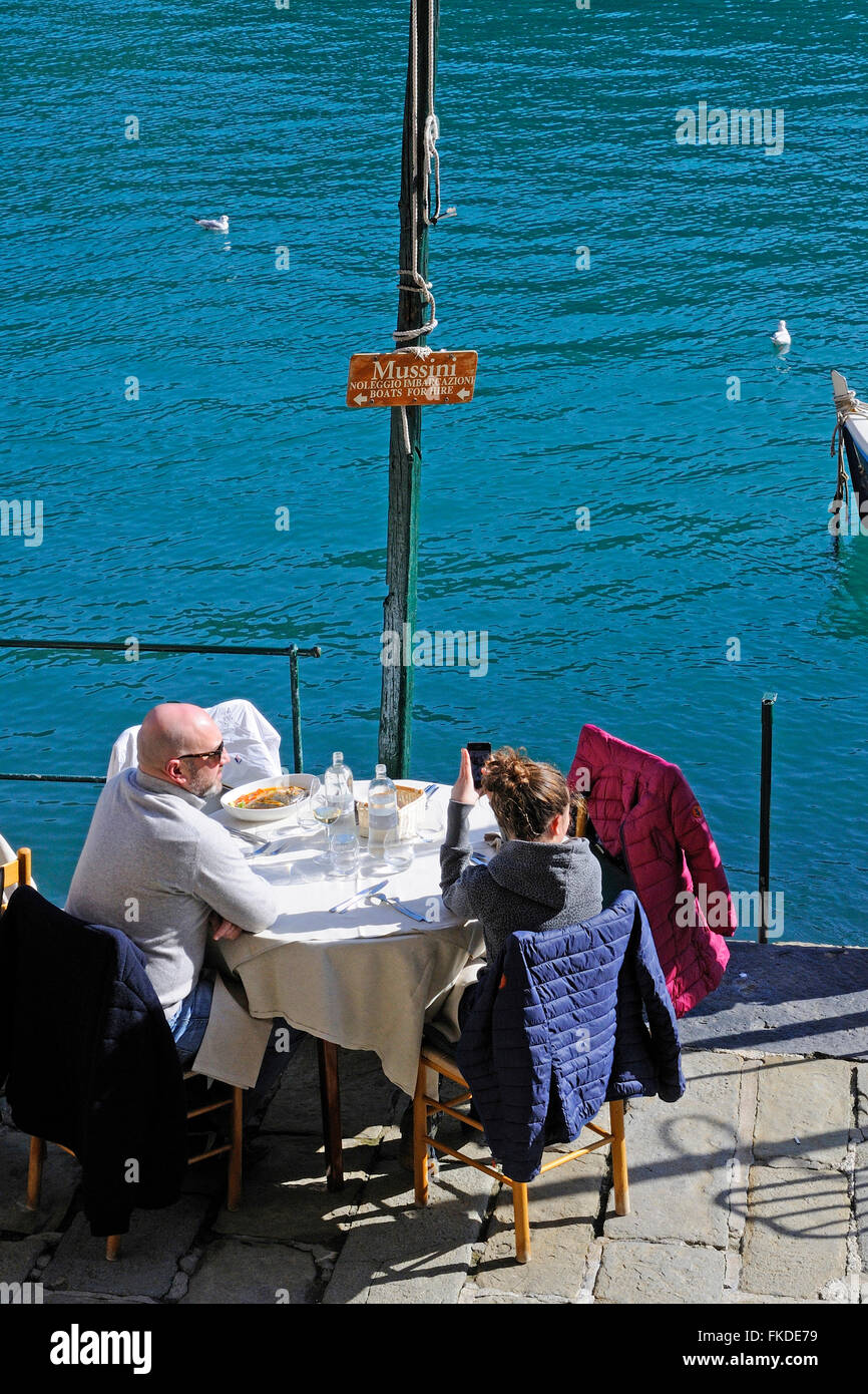 People in a harbour restaurant, Portofino, Liguria, Levante, Italy, Mediterranean sea, Europe Stock Photo