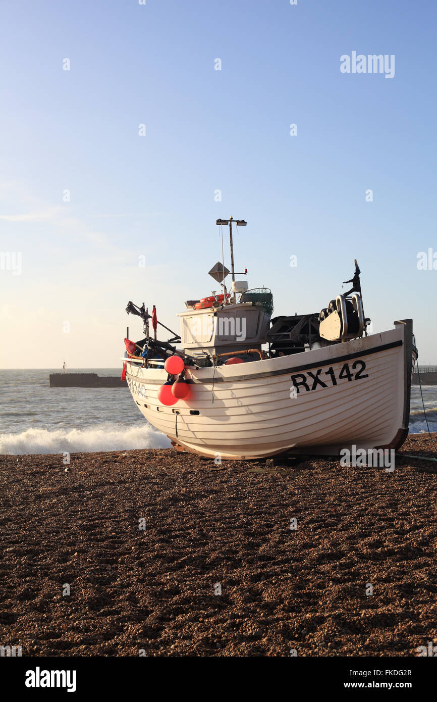 Registered RX Fishing boat part of the fishing fleet in Hastings, East Sussex, England, UK Stock Photo