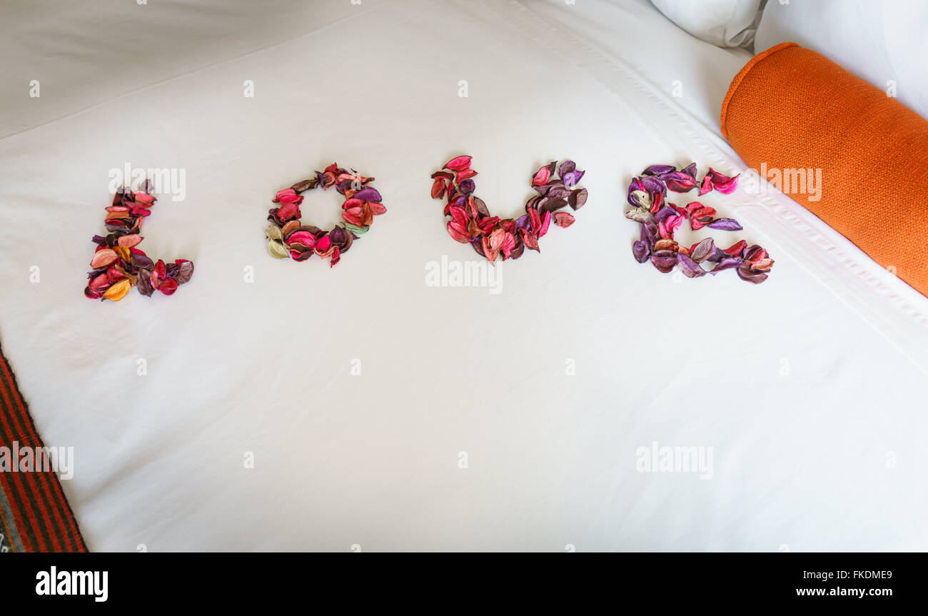 Word 'love' made out of flower petals on bed Stock Photo