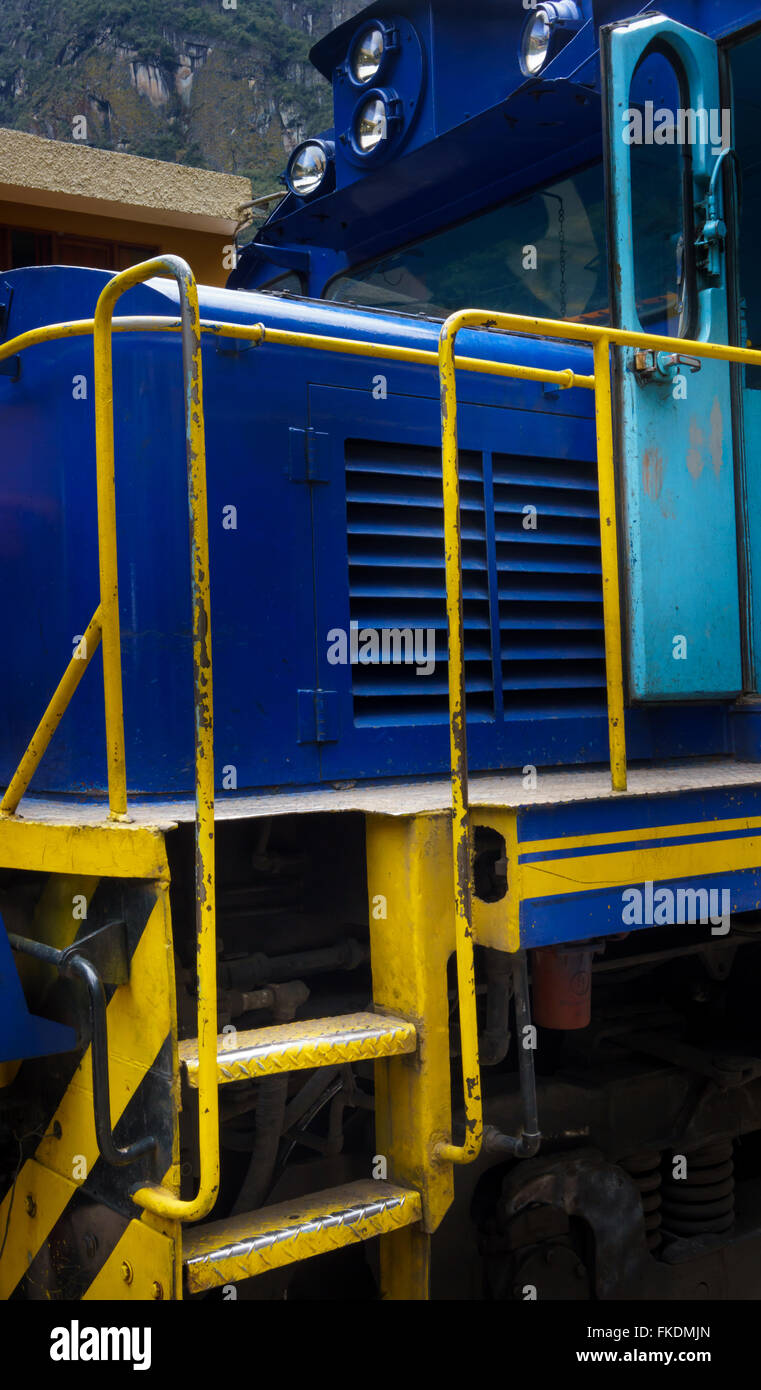 Blue train engine, Machu Picchu, Cusco Region, Urubamba Province, Machupicchu District, Peru Stock Photo