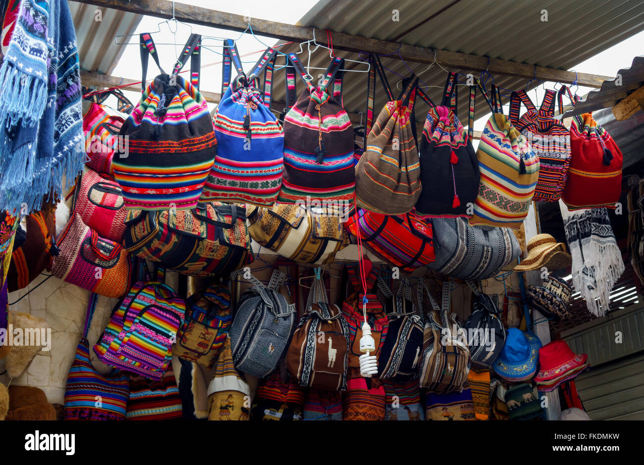 Handbags in shop, Machu Picchu, Cusco Region, Urubamba Province,  Machupicchu District, Peru Stock Photo - Alamy