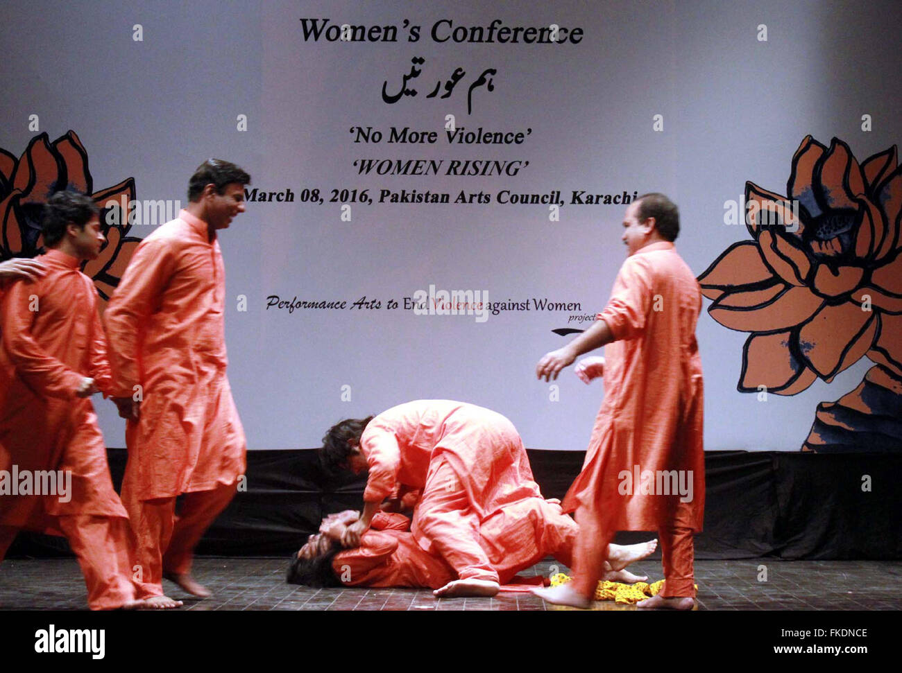 Artists presenting a drama on Performance Arts to End Violence against Women during Women Conference organized by Tehreek-e-Niswan on the occasion of International Women Day held at Arts Council building in Karachi on Tuesday, March 08, 2016. Stock Photo