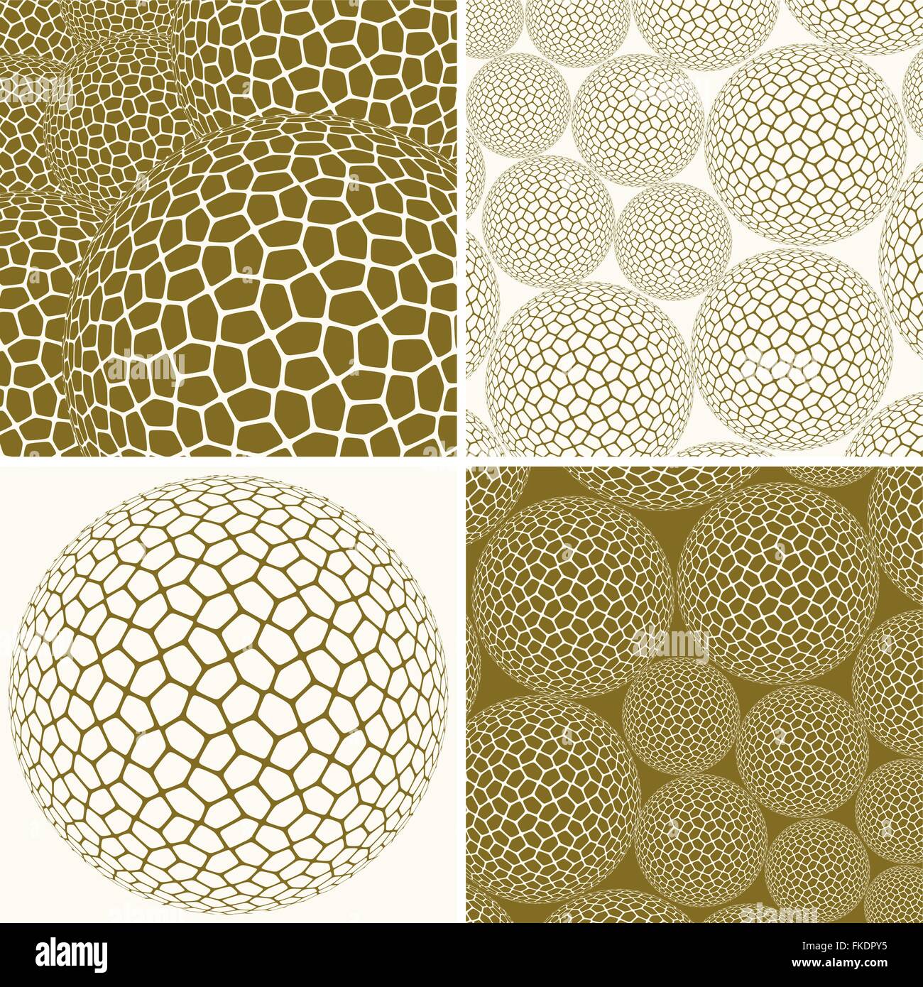 A set of 4 graphic compositions, based on a spherical shell with a polygons pattern on its surface. Stock Vector