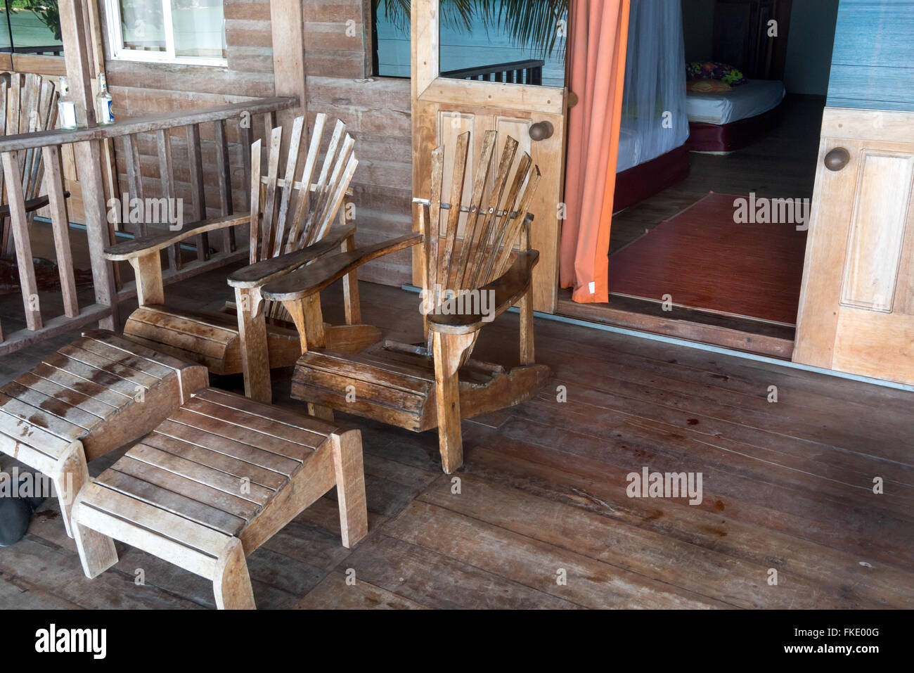 Adirondack chairs at porch of tourist resort, Trinidad, Trinidad and