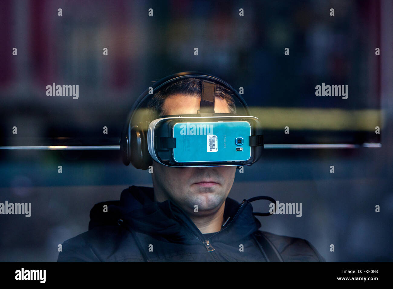 Virtual reality headset man wearing Samsung Gear, Prague, Czech Republic Stock Photo
