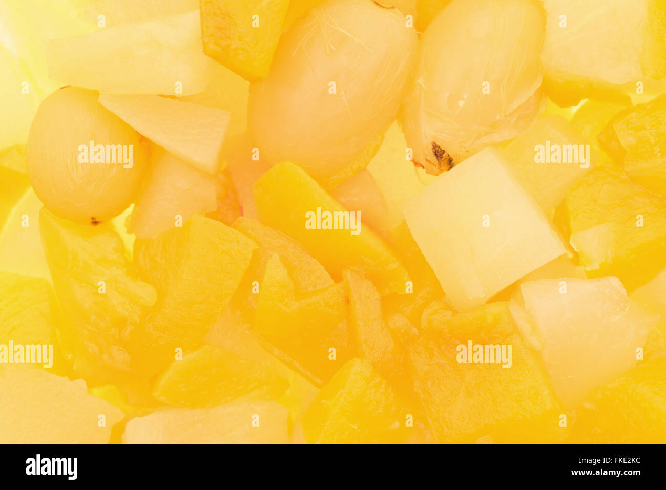 A very close view of canned fruit. Stock Photo