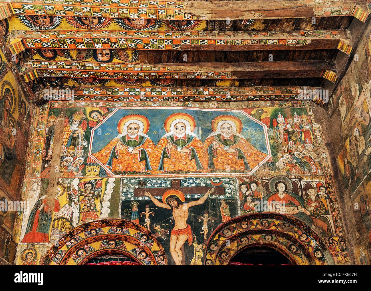 ancient ethiopian orthodox church interior painted walls in gondar ethiopia Stock Photo