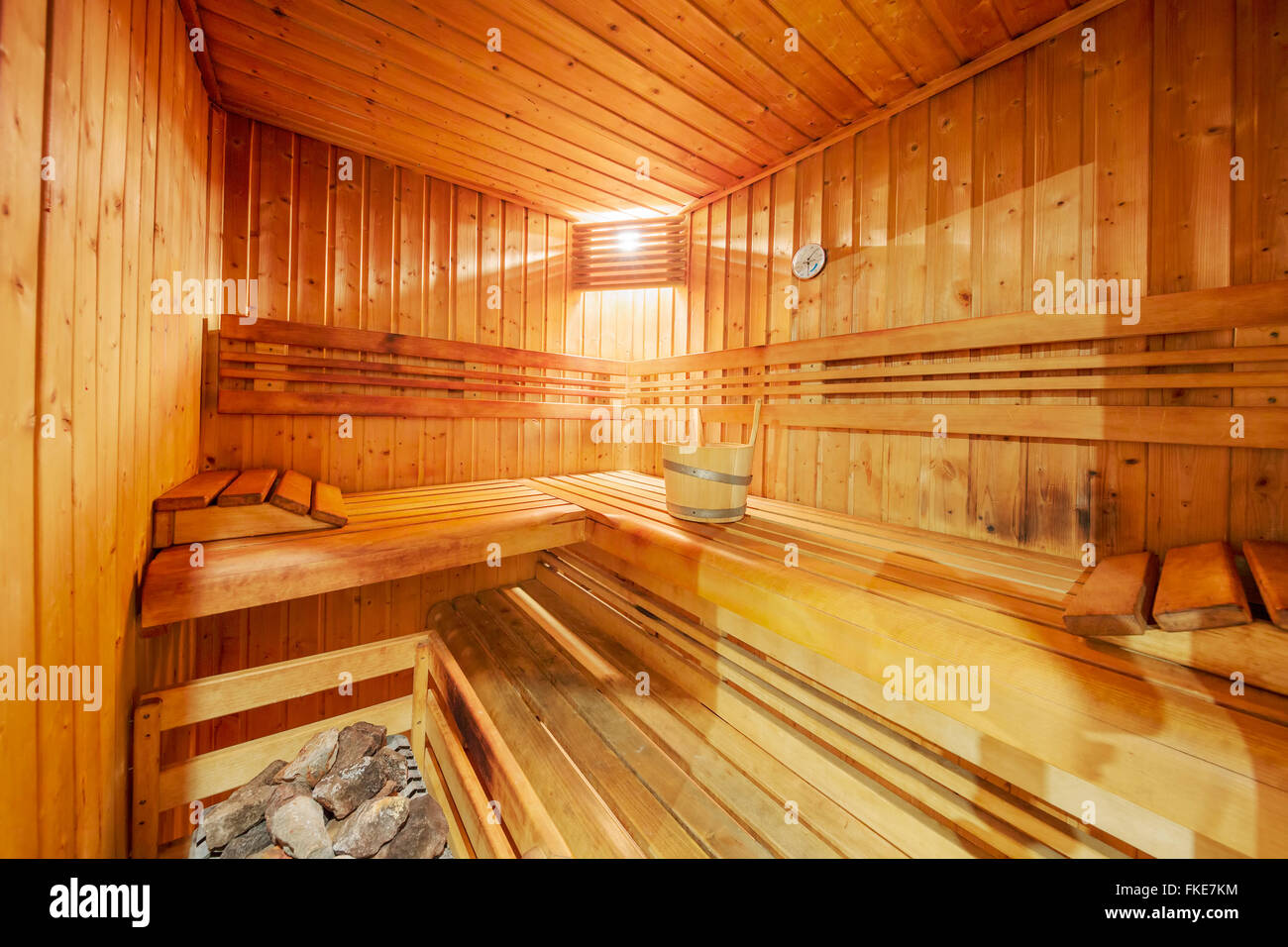 classic wooden sauna interior Stock Photo