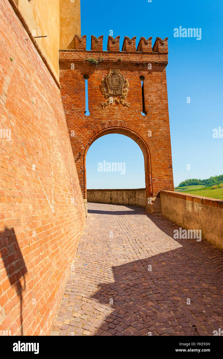 Archway of the Castle of Barolo or Falletti Catle houses the wimu international wine museum and regional enoteca in Barolo Villa Stock Photo
