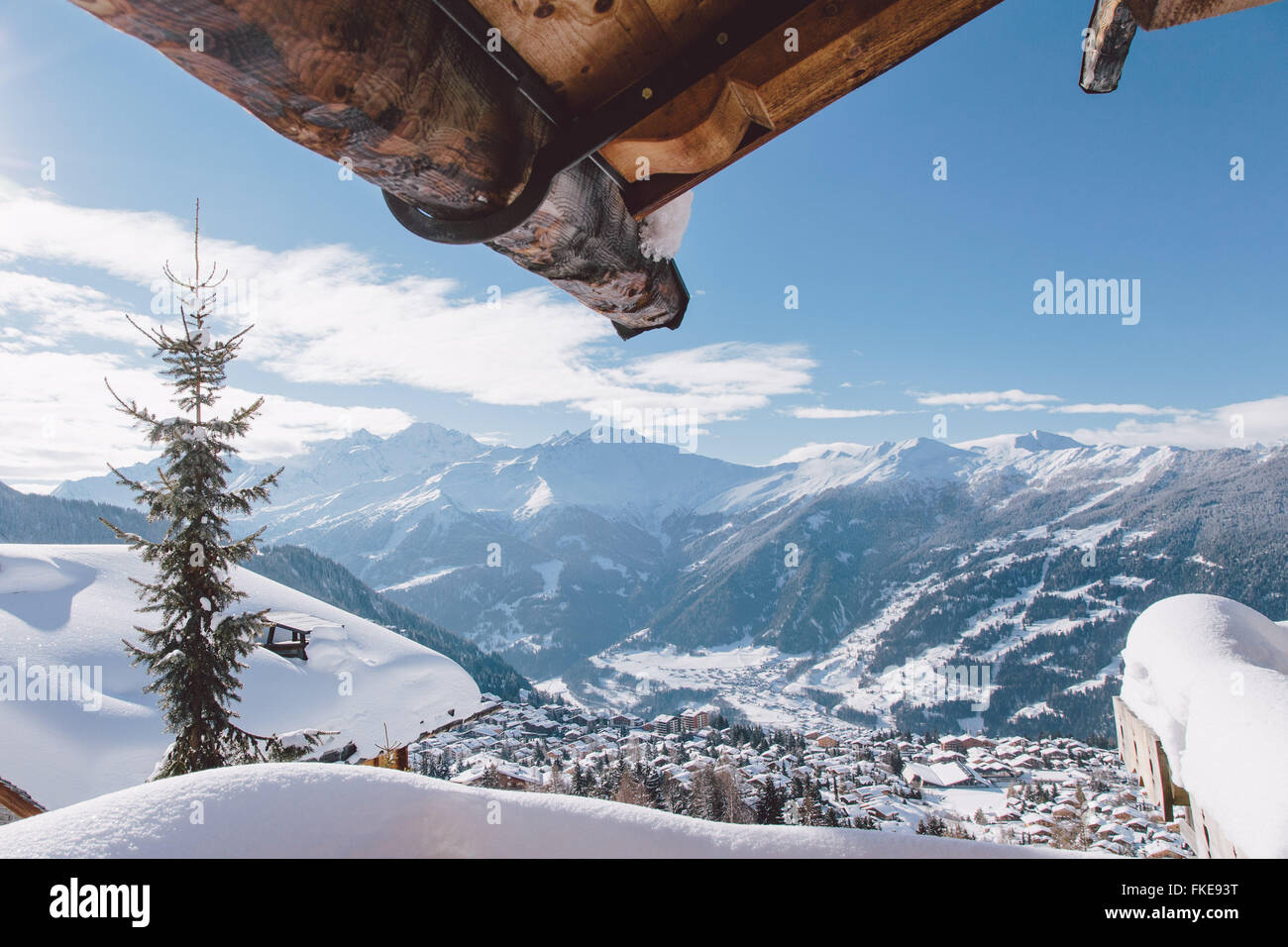 A chalet's view of Verbier, in the Swiss ski resort. Stock Photo
