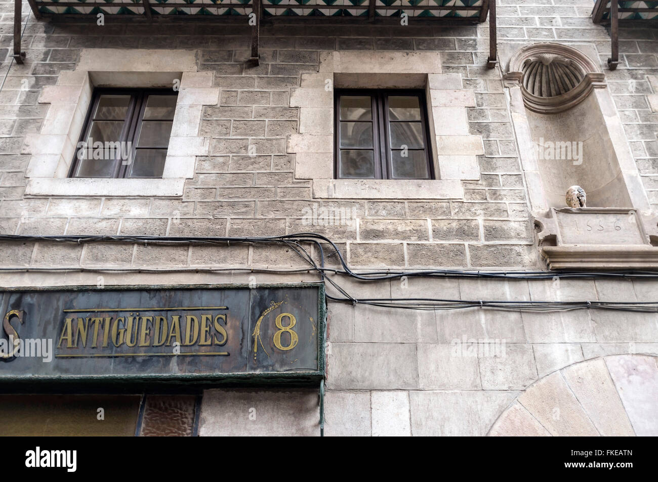 Facade building sign antiguedades shop, Barri Gotic, Barcelona. Stock Photo