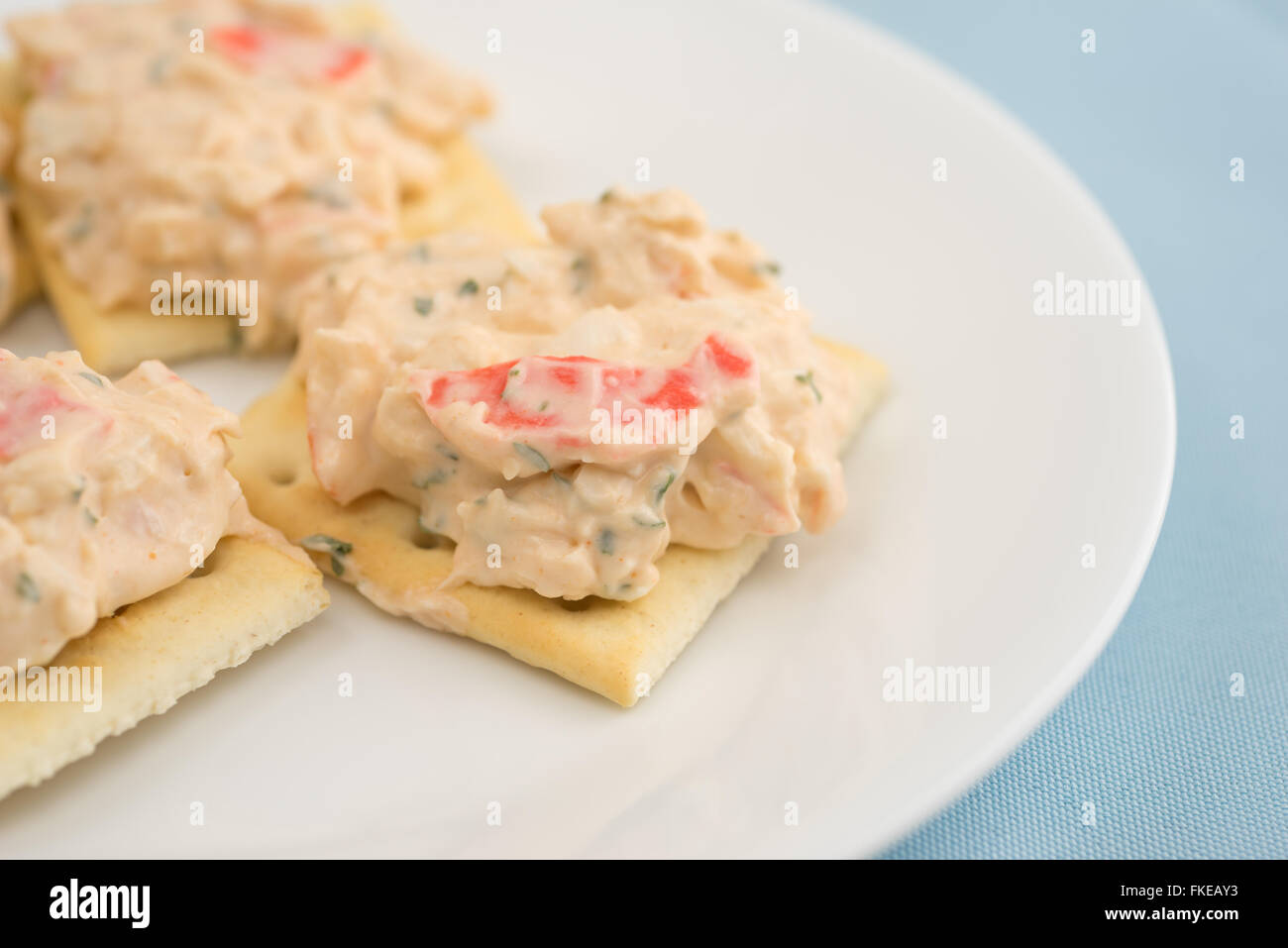 A plate of saltine crackers with lobster snack dip atop a blue table cloth. Stock Photo