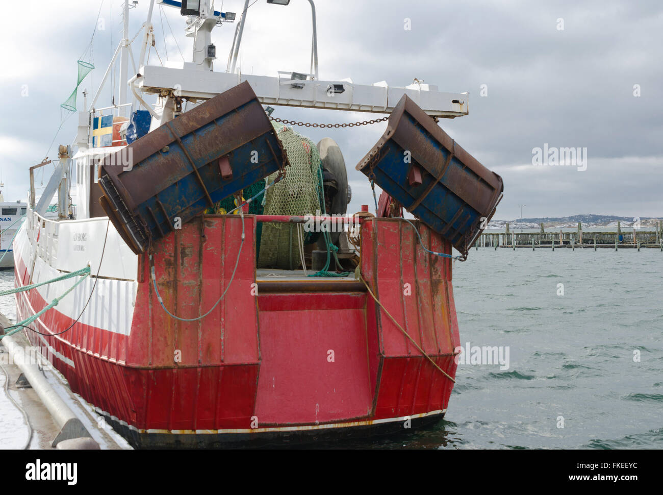 Back of a little fishing boat in the harbour Stock Photo