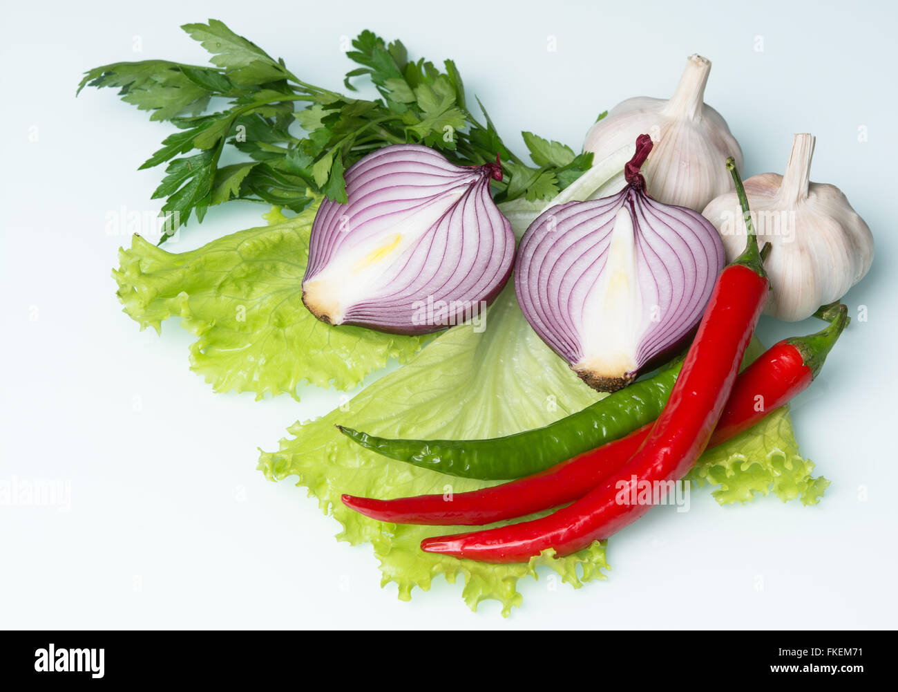 chili peppers with garlic Stock Photo