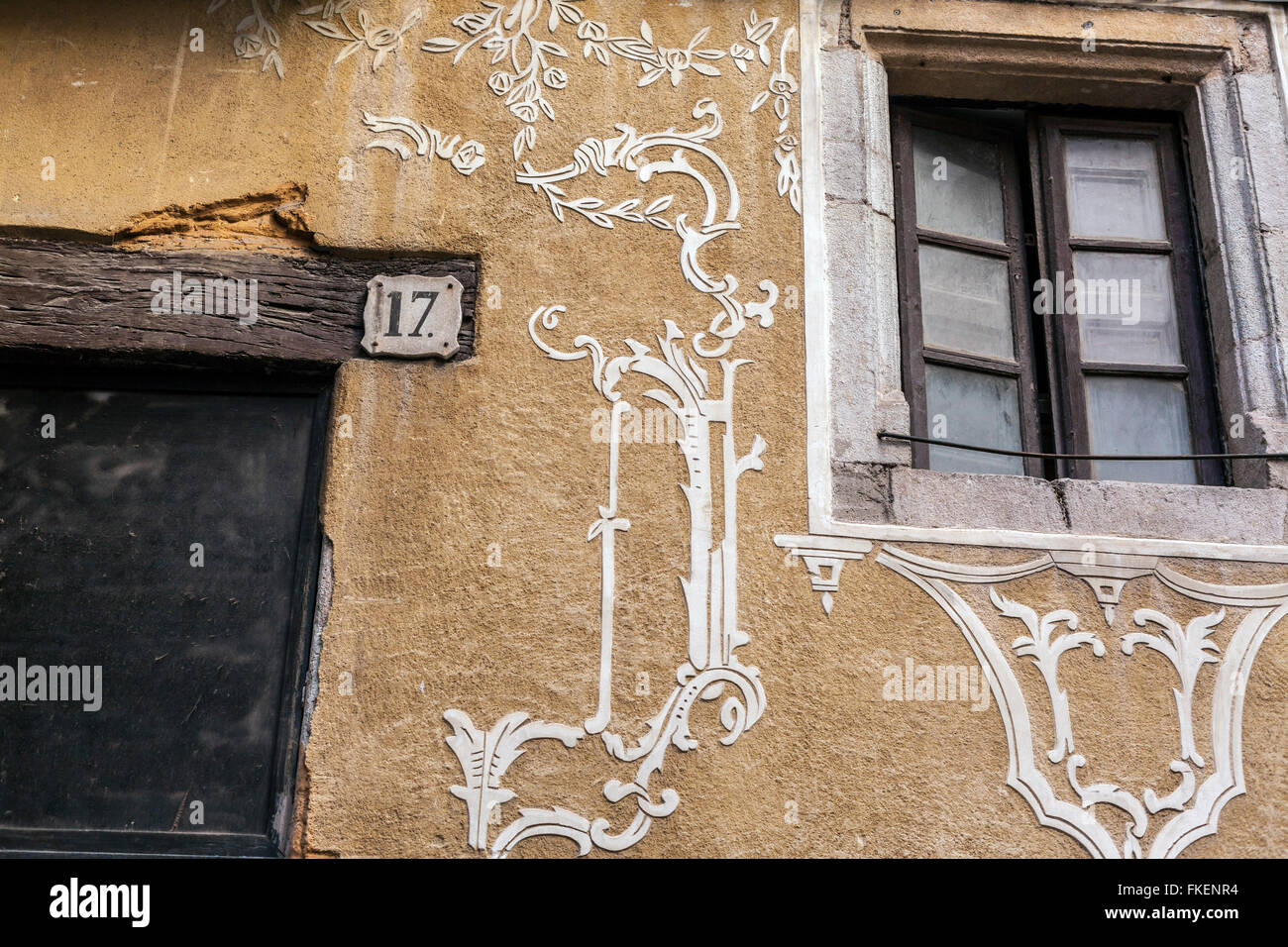 Detail facade with sgraffito in house of Ciutat Vella, Barcelona, Stock Photo