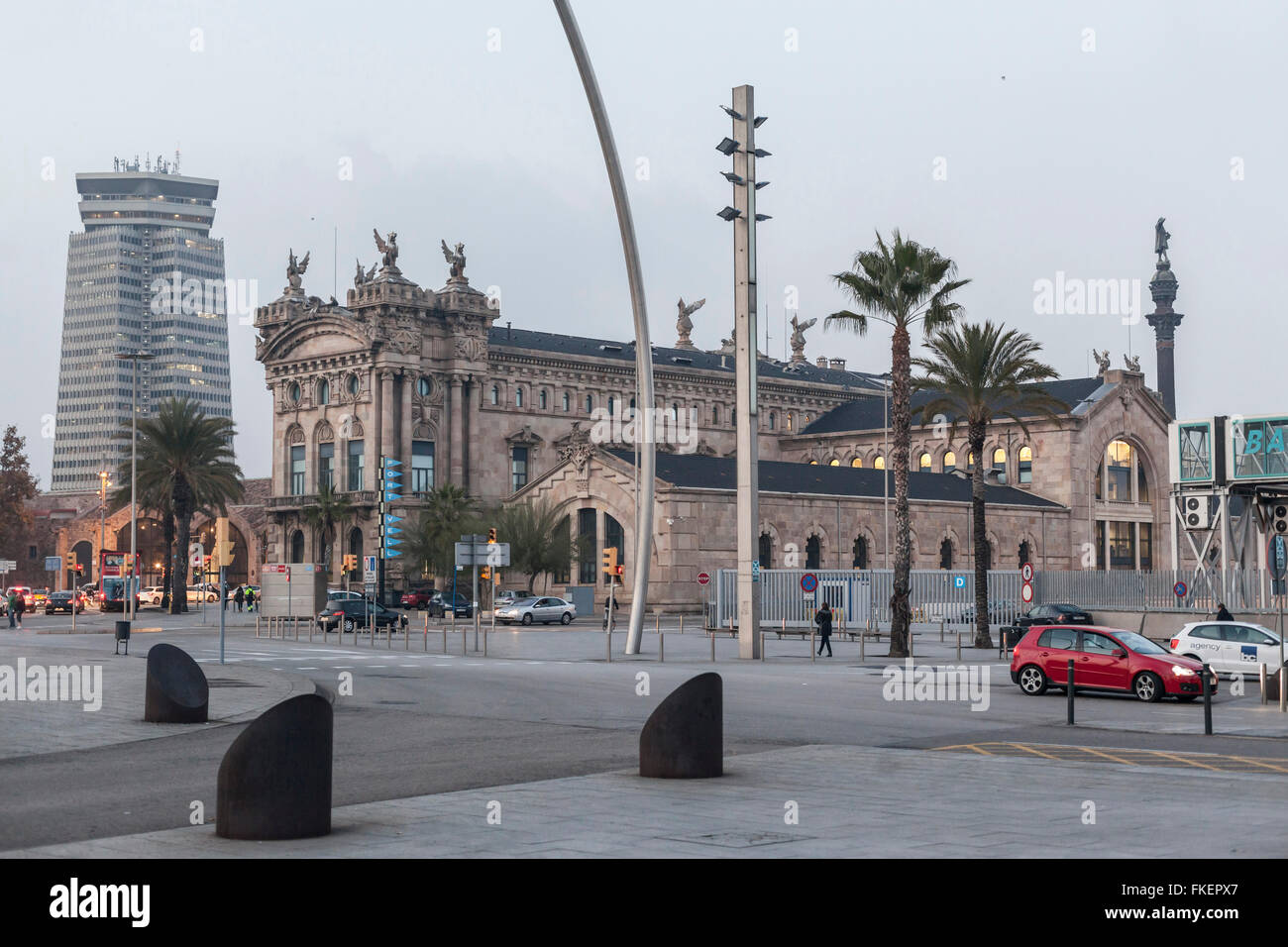 Port Vell,Aduana buidling and Torre Colon, Barcelona. Stock Photo