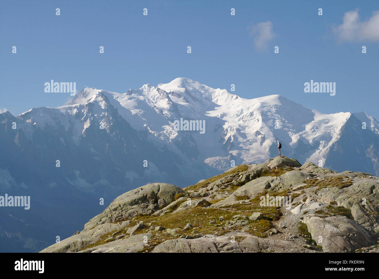 Hiker in front of Mont Blanc, near Lac Blanc, Chamonix, France Stock Photo