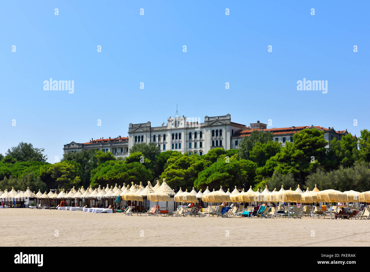 Hotel Des Bains, seaside resort, bathing area, beach section, bagni, Bagnino, Lido di Venezia, Venezia, Veneto, Venice, Stock Photo