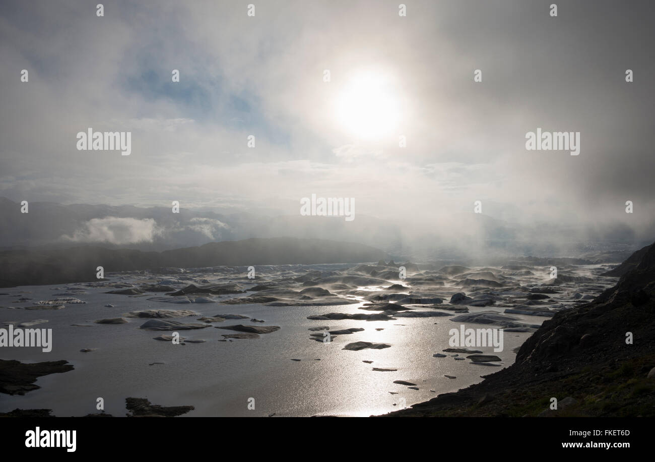 Glacial lake in fog, Hoffellsjökull glacier, Iceland Stock Photo - Alamy