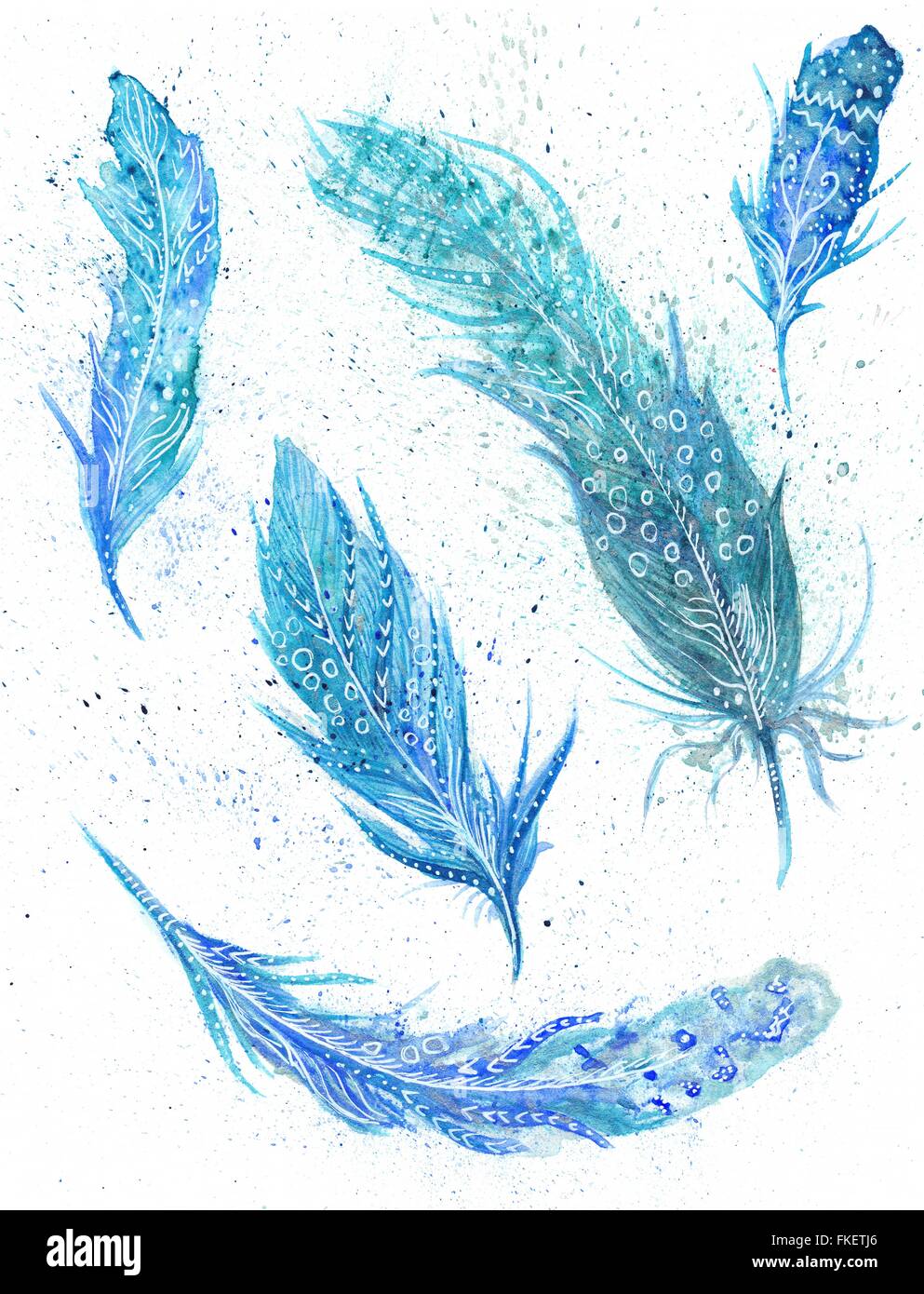 Turquoise watercolor ornamental feather set painting on white