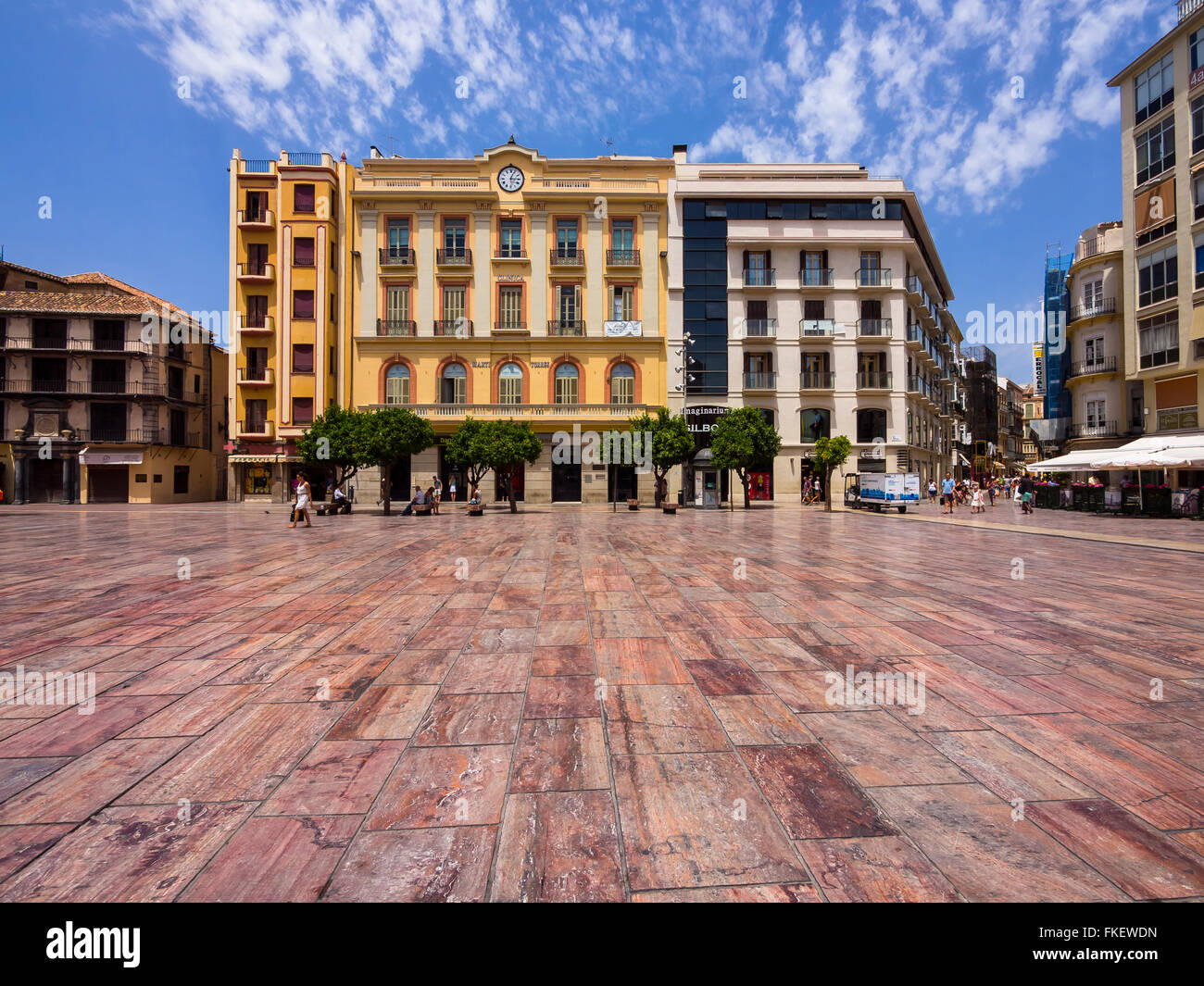 Plaza de la Constitución with marble flooring in the historic center of Malaga, Costa del Sol, Andalucía, Southern Spain Stock Photo
