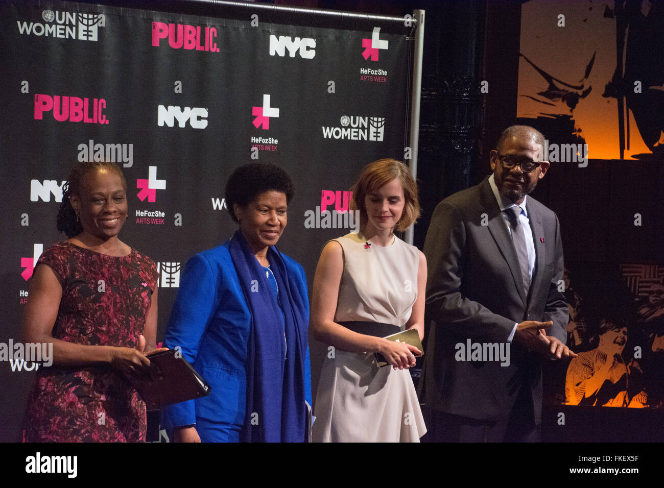 Manhattan, New York, USA. 8th March, 2016. Noted actors Emma Watson and Forest Whitaker is joined by New York City's first lady Chirlane McCray, left, and Phumzile Mlambo Ngcuka, head of UN Women,  launch the HeForShe gender equality initiative of the UNWomen organization at the start of a week of activities on International Women's Day. Credit:  M. Stan Reaves/Alamy Live News Stock Photo