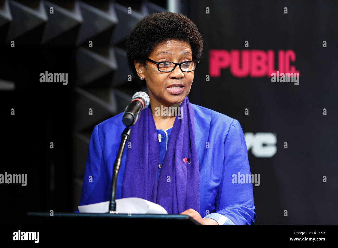 New York, USA. 8th Mar, 2016. UN Women chief Phumzile Mlambo-Ngcuka speaks during the UN Women's HeForShe Arts Week Launch Event at the Public Theatre in New York, March 8, 2016. UN Women on Tuesday launched a new initiative -- HeForShe Arts Week -- across New York City to promote gender equality via arts.The event, which is meant to commemorate the International Women's Day that falls on Tuesday, will run from March 8-15. Credit:  Li Muzi/Xinhua/Alamy Live News Stock Photo