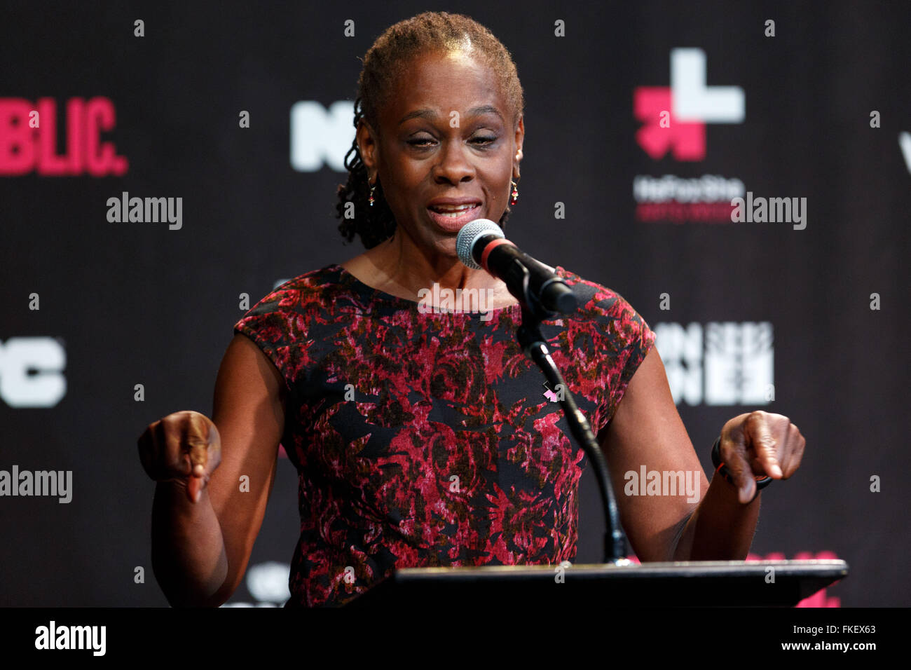 New York, USA. 8th Mar, 2016. First Lady of New York City Chirlane McCray speaks during the UN Women's HeForShe Arts Week Launch Event at the Public Theatre in New York, March 8, 2016. UN Women on Tuesday launched a new initiative -- HeForShe Arts Week -- across New York City to promote gender equality via arts.The event, which is meant to commemorate the International Women's Day that falls on Tuesday, will run from March 8-15. Credit:  Li Muzi/Xinhua/Alamy Live News Stock Photo