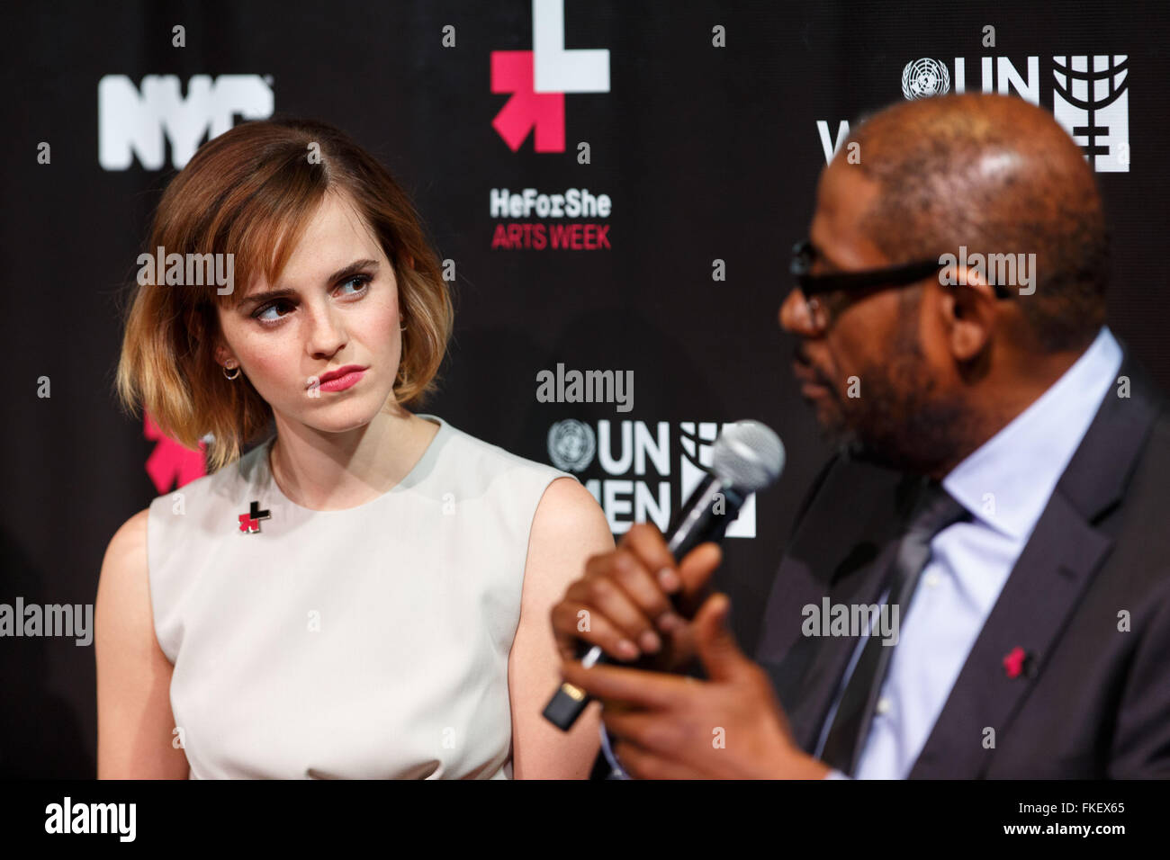 New York, USA. 8th Mar, 2016. British movie star and UN Goodwill Ambassador Emma Watson(L) and American actor, UNESCO Special Envoy for Peace Forest Whitaker, attend the UN Women's HeForShe Arts Week Launch Event at the Public Theatre in New York, March 8, 2016.UN Women on Tuesday launched a new initiative -- HeForShe Arts Week -- across New York City to promote gender equality via arts.The event, which is meant to commemorate the International Women's Day that falls on Tuesday, will run from March 8-15. Credit:  Li Muzi/Xinhua/Alamy Live News Stock Photo