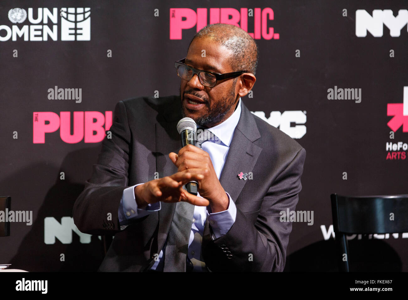 New York, USA. 8th Mar, 2016. American actor, UNESCO Special Envoy for Peace Forest Whitaker speaks during the UN Women's HeForShe Arts Week Launch Event at the Public Theatre in New York, March 8, 2016. UN Women on Tuesday launched a new initiative -- HeForShe Arts Week -- across New York City to promote gender equality via arts.The event, which is meant to commemorate the International Women's Day that falls on Tuesday, will run from March 8-15. Credit:  Li Muzi/Xinhua/Alamy Live News Stock Photo