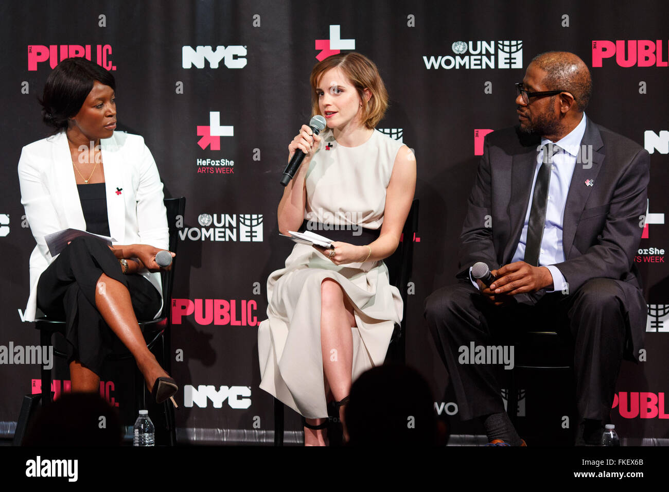 New York, USA. 8th Mar, 2016. British movie star and UN Goodwill Ambassador Emma Watson(C) and American actor, UNESCO Special Envoy for Peace Forest Whitaker(R), attend the UN Women's HeForShe Arts Week Launch Event at the Public Theatre in New York, March 8, 2016. UN Women on Tuesday launched a new initiative -- HeForShe Arts Week -- across New York City to promote gender equality via arts.The event, which is meant to commemorate the International Women's Day that falls on Tuesday, will run from March 8-15. Credit:  Li Muzi/Xinhua/Alamy Live News Stock Photo