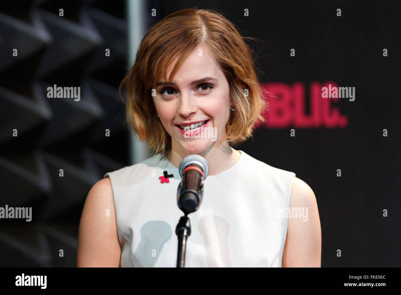 New York, USA. 8th Mar, 2016. British movie star and UN Goodwill Ambassador Emma Watson speaks during the UN Women's HeForShe Arts Week Launch Event at the Public Theatre in New York, March 8, 2016. UN Women on Tuesday launched a new initiative -- HeForShe Arts Week -- across New York City to promote gender equality via arts.The event, which is meant to commemorate the International Women's Day that falls on Tuesday, will run from March 8-15. Credit:  Li Muzi/Xinhua/Alamy Live News Stock Photo