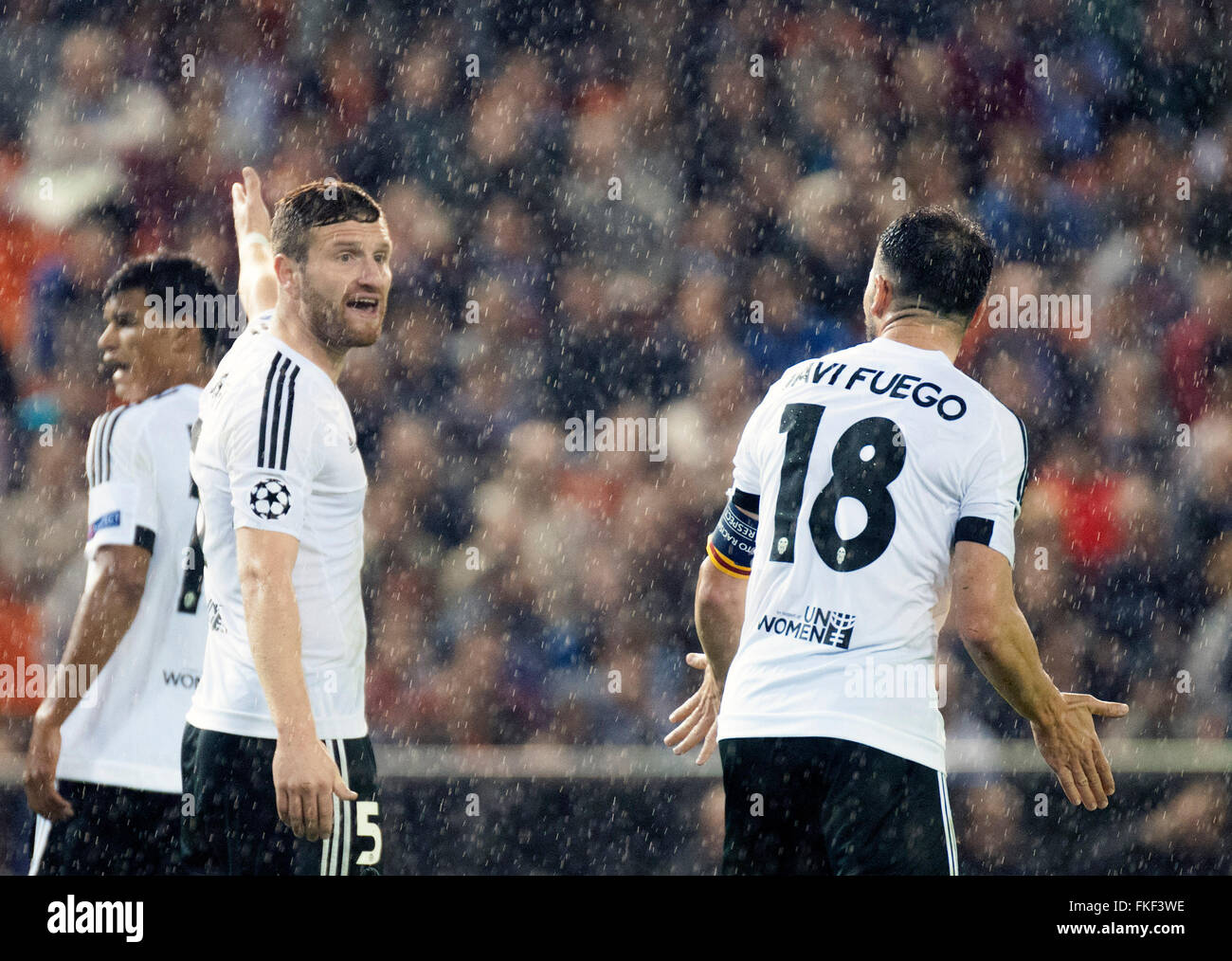 Valencia's  Shkodran Mustafi (l) and Javi Fuego (r)  during Champions league match. October 20, 2015. (ALTERPHOTOS/Javier Comos) Stock Photo