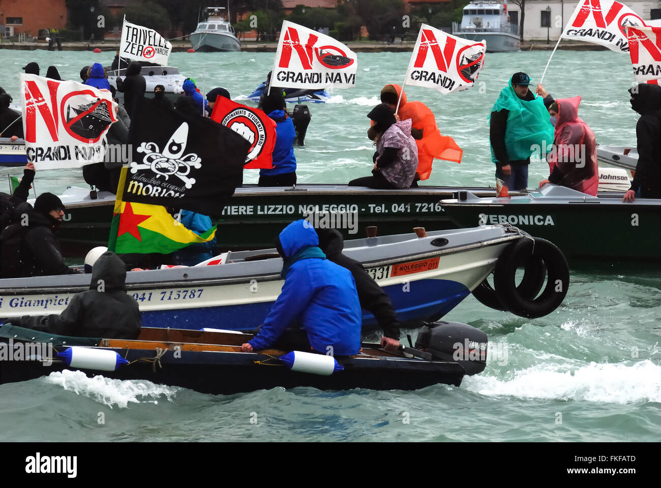 Venice, Italy. 8th March, 2016. On the occasion of the Renzi-Hollande summit meeting in Venice, a thousand people march through Venice, to protest against Libya war and against great works such as the Turin-Lion high-speed rail and oil-well drilling. Delegations of many movements arrived from all over Italy : NO TAV, NO TRIV, NO MOSE; NO DAL MOLIN, NO GRANDI NAVI. Credit:  Ferdinando Piezzi/Alamy Live News Stock Photo