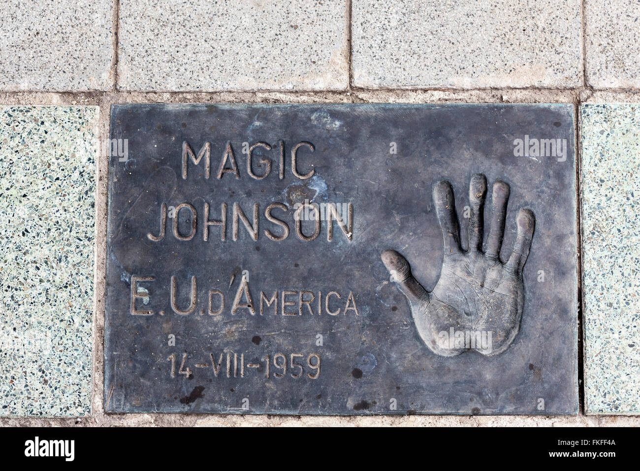 Print hand floor of Magic Johnson in Plaza dels Campions, Parc de la Nova Icària, Vila Olimpica, Barcelona. Stock Photo