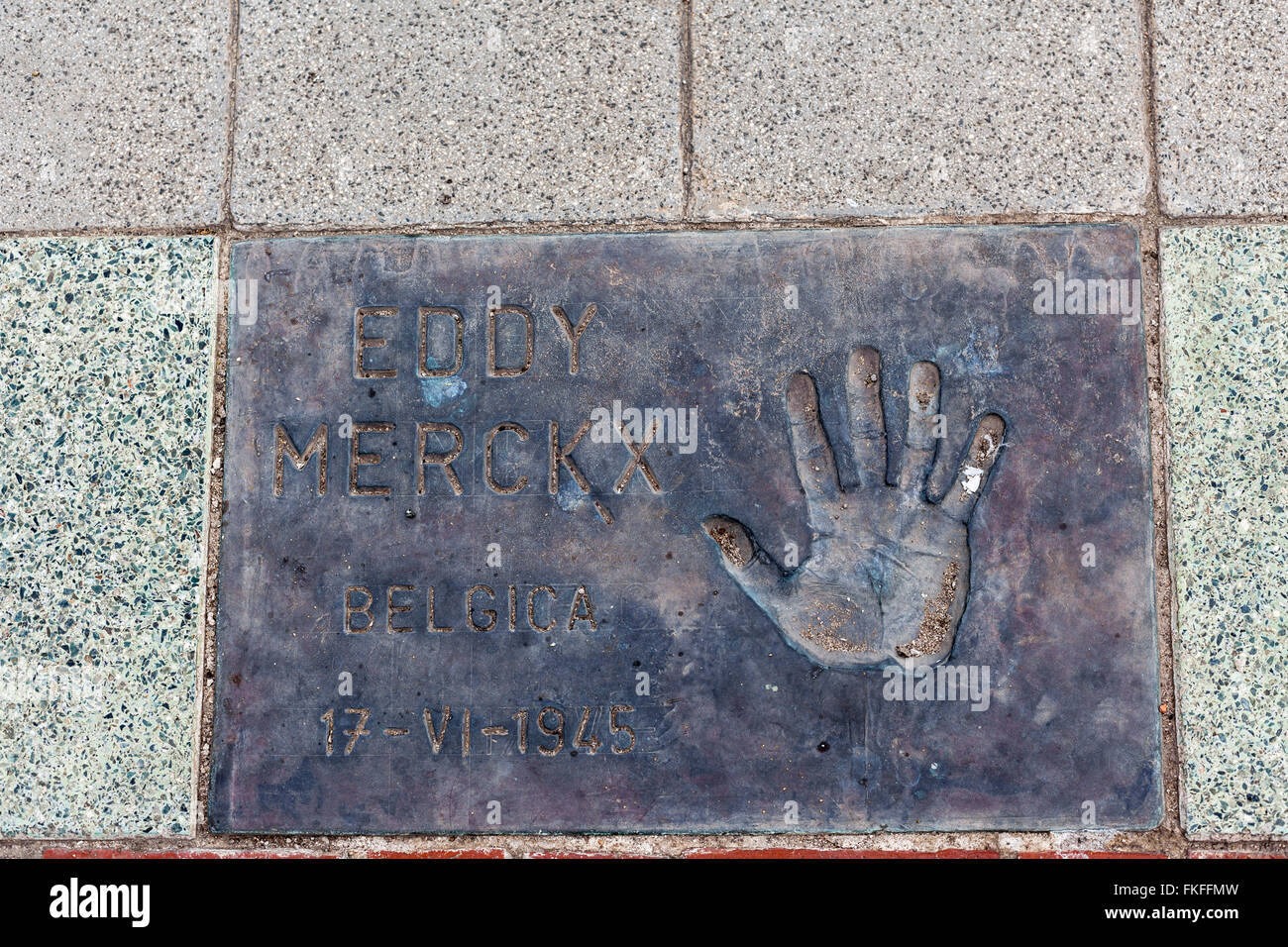 Print hand floor of Eddy Merckx in Plaza dels Campions, Parc de la Nova Icària, Vila Olimpica, Barcelona. Stock Photo