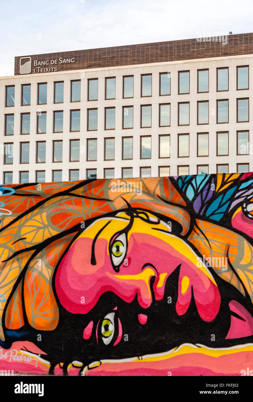 Graffiti and building Dr Frederic Duran i Jordà , hosts Banc de Sang i Teixits (BST), Barcelona. Stock Photo