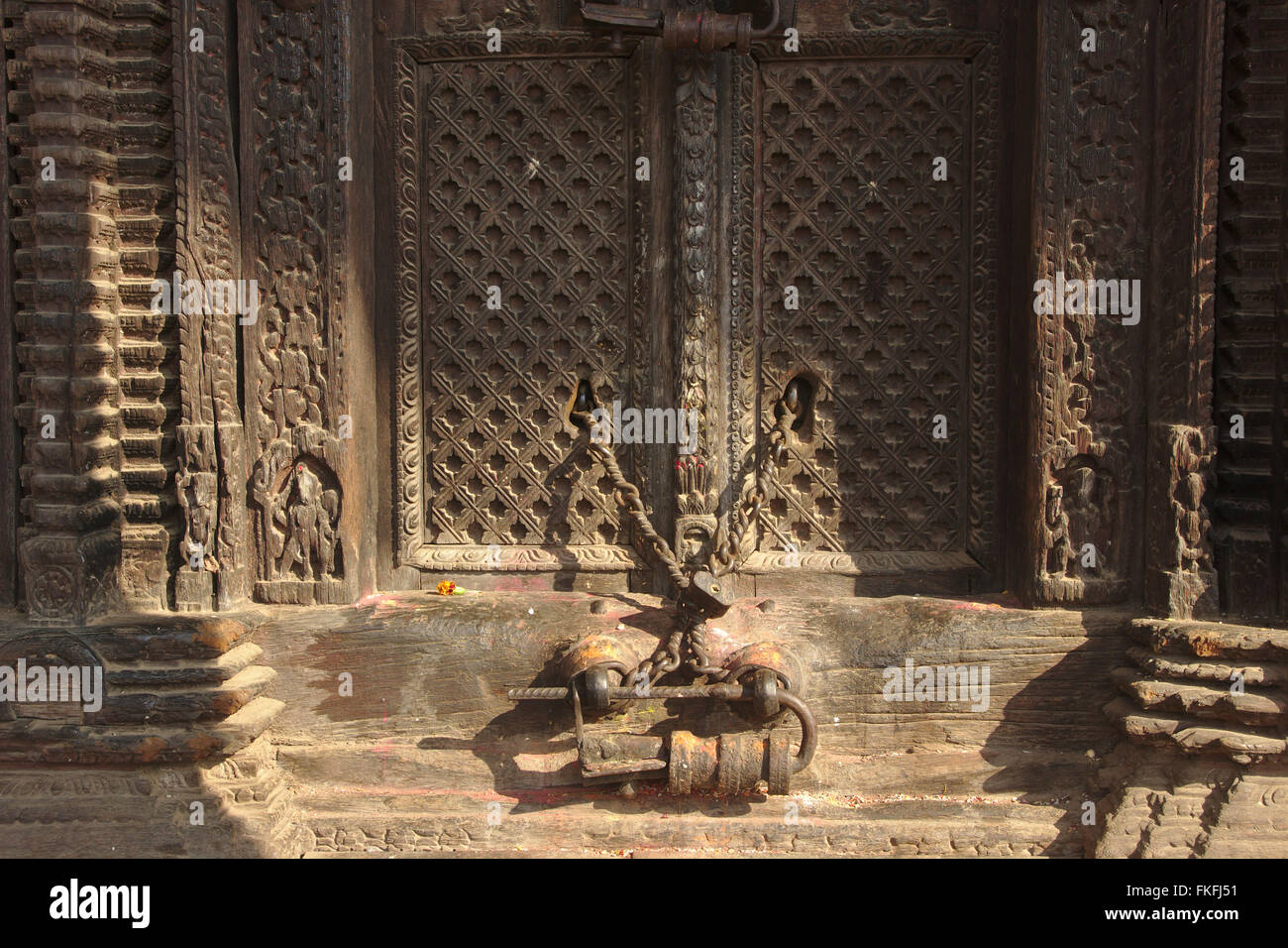 Bhaktapur, wooden door of Nyatapola Temple on Taumadhi Pole, Nepal Stock Photo